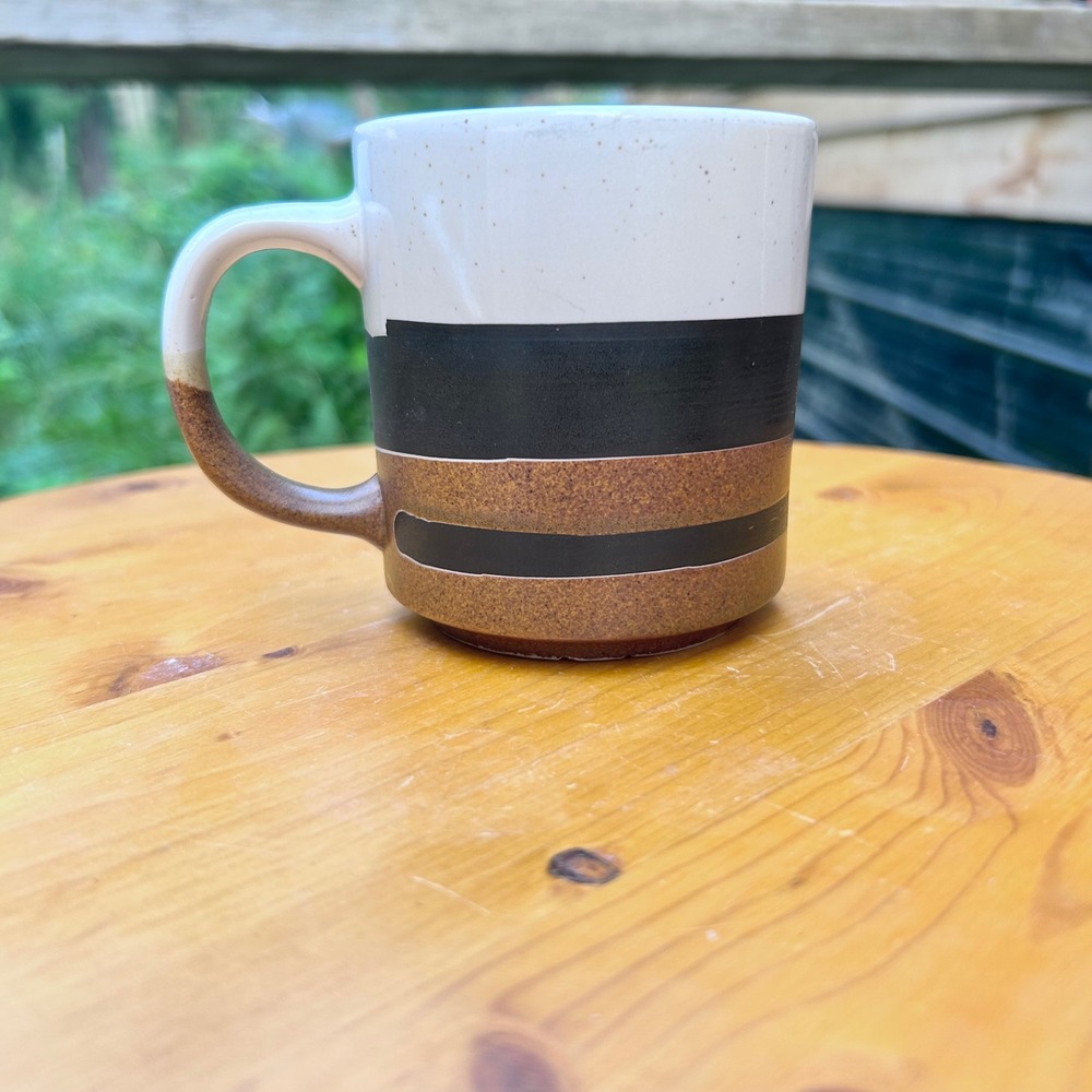Vintage Stoneware Coffee Mug Large Brown Black Striped MCM Speckled Retro Korea